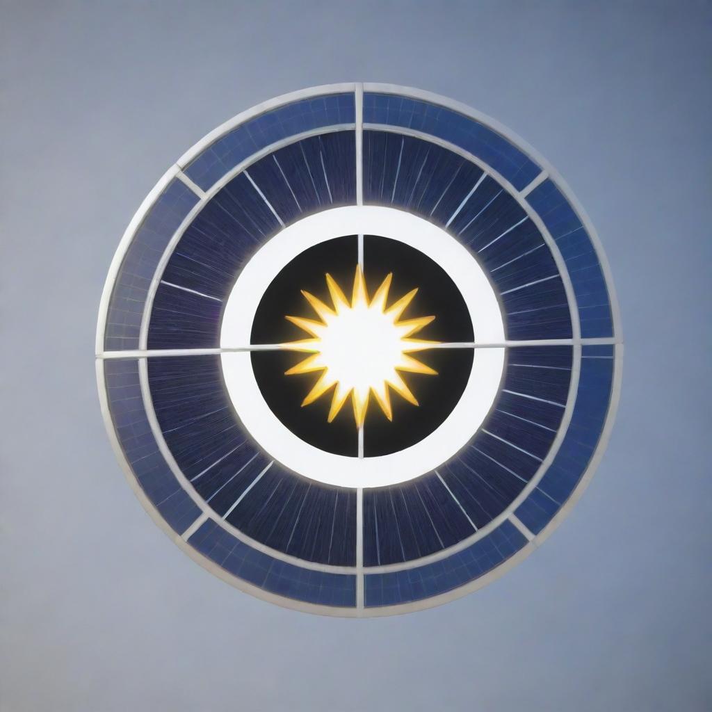 A stylized omega symbol logo, embellished with intricately designed solar panels reflecting sunlight.