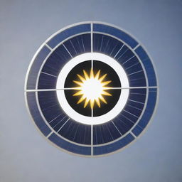 A stylized omega symbol logo, embellished with intricately designed solar panels reflecting sunlight.