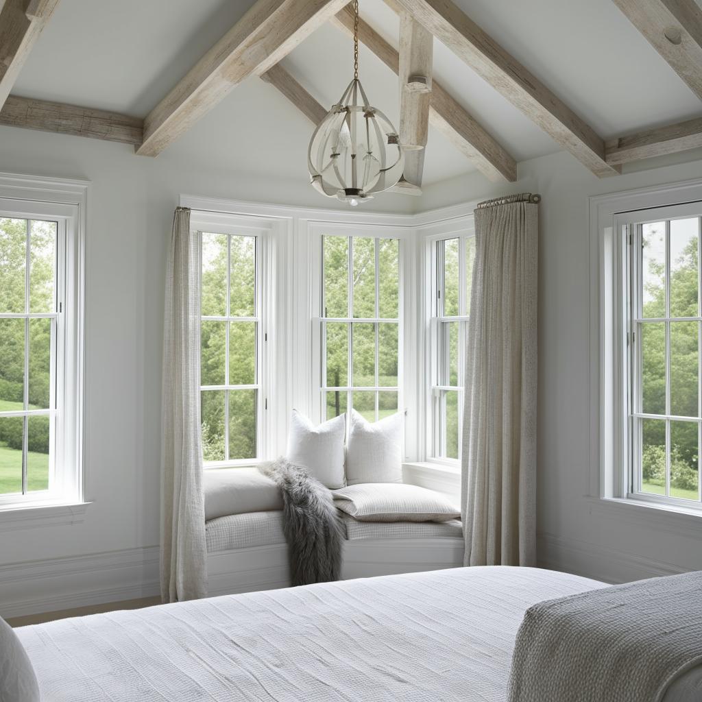 Luxurious master suite interior design, Hamptons style meets cozy country elegance, natural light, serene color palette.