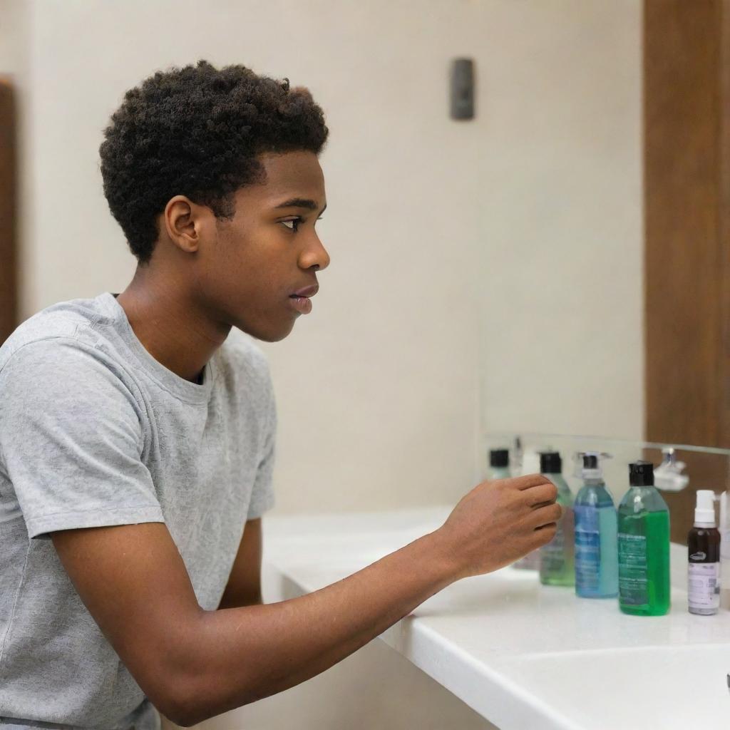 A teenage African American male in a contemporary bathroom, thoughtfully evaluating an assortment of twelve different shampoo bottles lined up on the bathroom counter.