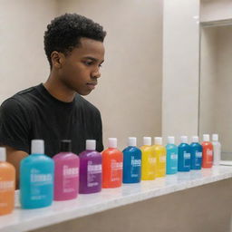 A teenage African American male in a contemporary bathroom, thoughtfully evaluating an assortment of twelve different shampoo bottles lined up on the bathroom counter.