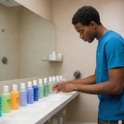 A teenage African American male in a contemporary bathroom, thoughtfully evaluating an assortment of twelve different shampoo bottles lined up on the bathroom counter.