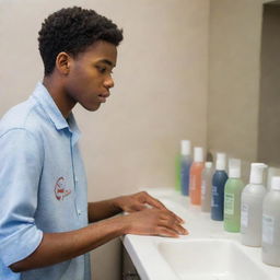 A teenage African American male in a contemporary bathroom, thoughtfully evaluating an assortment of twelve different shampoo bottles lined up on the bathroom counter.