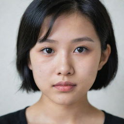 Portrait of a young Asian girl with fair white skin, small black eyes, and short black hair.