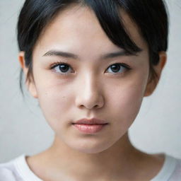 Portrait of a young Asian girl with fair white skin, small black eyes, and short black hair.