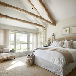Luxurious master suite interior design, Hamptons style meets cozy country elegance, natural light, serene color palette.