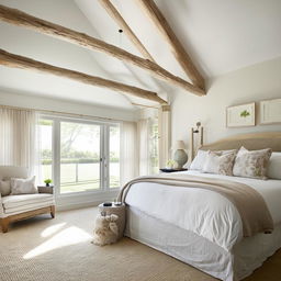 Luxurious master suite interior design, Hamptons style meets cozy country elegance, natural light, serene color palette.