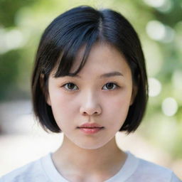 Portrait of a young Asian girl with fair white skin, small black eyes, and short black hair.