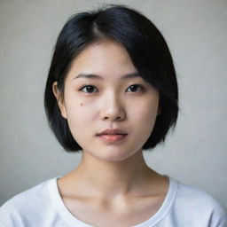 Portrait of a young Asian girl with fair white skin, small black eyes, and short black hair.