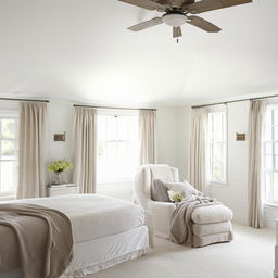 Luxurious master suite interior design, Hamptons style meets cozy country elegance, natural light, serene color palette.