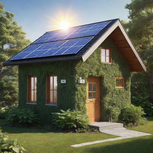 An animated logo of a house made from twinkling solar panels, surrounded by lush greenery and a bright, shining sun overhead.