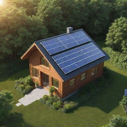 An animated logo of a house made from twinkling solar panels, surrounded by lush greenery and a bright, shining sun overhead.