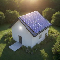 An animated logo of a house made from twinkling solar panels, surrounded by lush greenery and a bright, shining sun overhead.