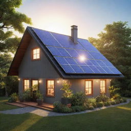 An animated logo of a house made from twinkling solar panels, surrounded by lush greenery and a bright, shining sun overhead.