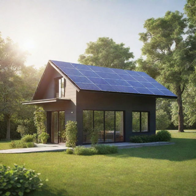 An animated logo illustrating a solar panel house among verdant greenery under a glistening sun, elements in the scene subtly move to add depth and dynamism.