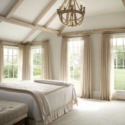 Luxurious master suite interior design, Hamptons style meets cozy country elegance, natural light, serene color palette.