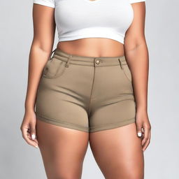 This is a high-quality image of a person with a curvy figure wearing tight shorts