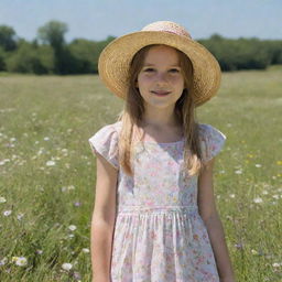 A young girl in a sunny meadow, wearing a summer dress and a straw hat, surrounded by blooming flowers.