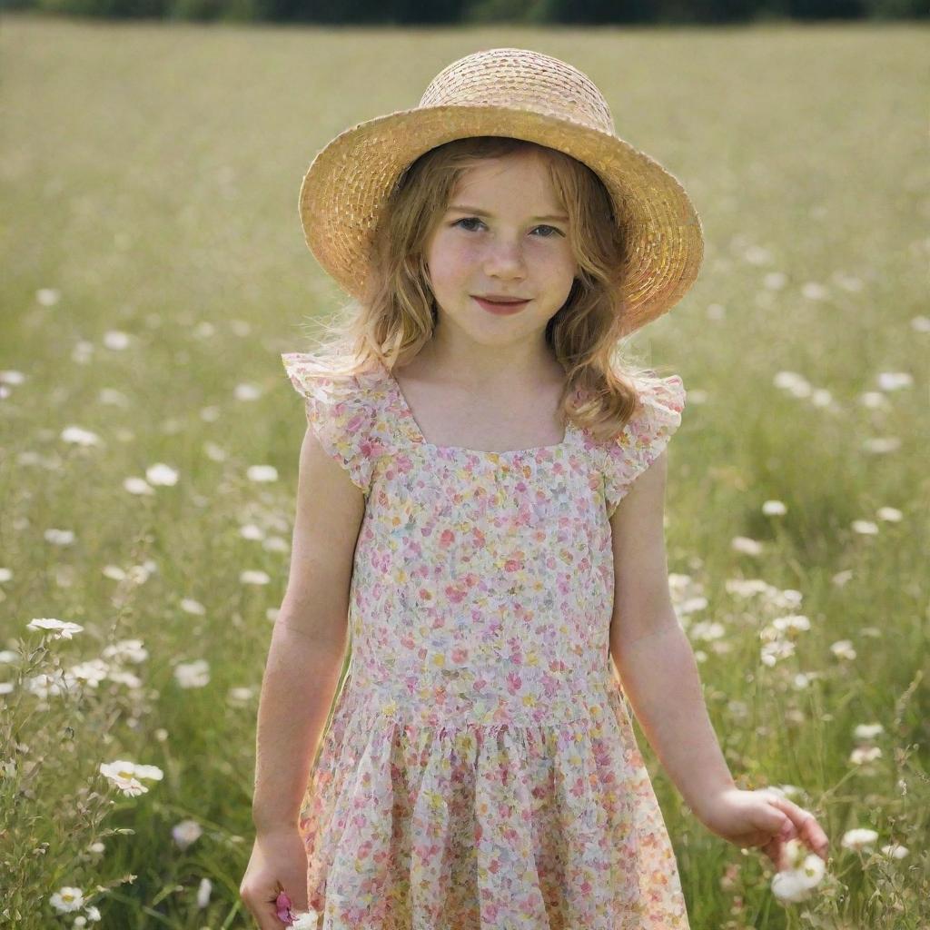 A young girl in a sunny meadow, wearing a summer dress and a straw hat, surrounded by blooming flowers.