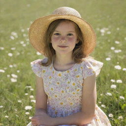 A young girl in a sunny meadow, wearing a summer dress and a straw hat, surrounded by blooming flowers.