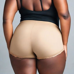 This is a high-quality, tasteful image showcasing a person with a curvy figure from behind, wearing tight shorts