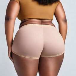 This is a high-quality, tasteful image showcasing a person with a curvy figure from behind, wearing tight shorts