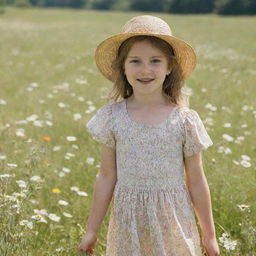 A young girl in a sunny meadow, wearing a summer dress and a straw hat, surrounded by blooming flowers.