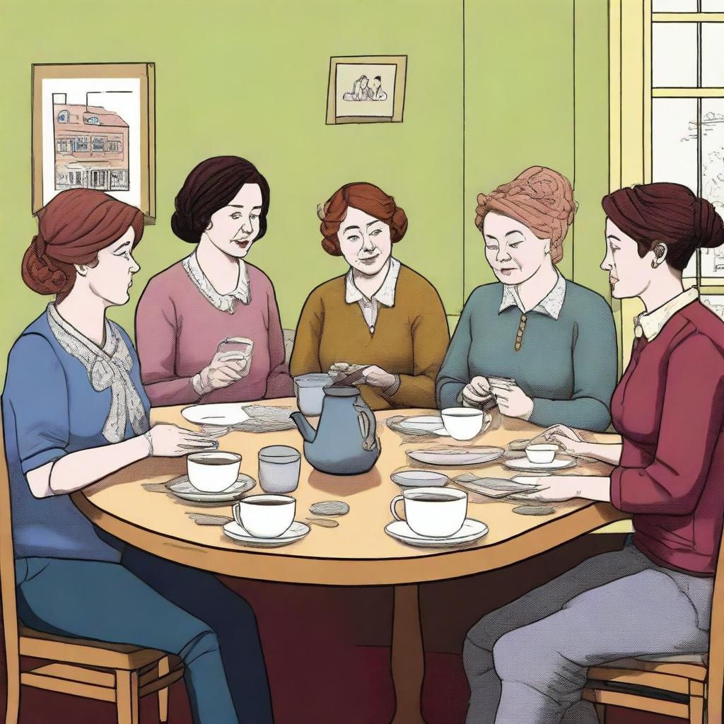 A high-quality, digital art image capturing a comedy drama about working-class women in the UK