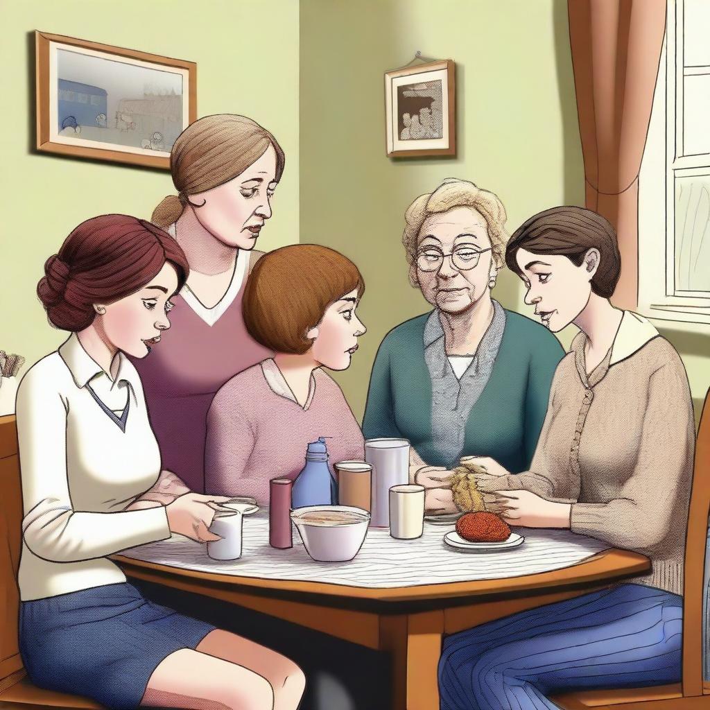 A high-quality, digital art image capturing a comedy drama about working-class women in the UK