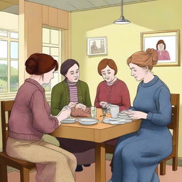 A high-quality, digital art image capturing a comedy drama about working-class women in the UK