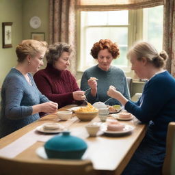 A high-quality, live-action photo capturing a scene from a comedy drama about working-class women in the UK