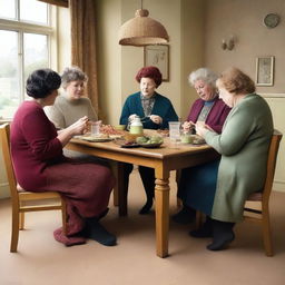 A high-quality, live-action photo capturing a scene from a comedy drama about working-class women in the UK