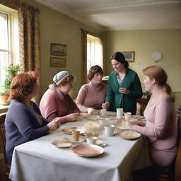 A high-quality, live-action photo capturing a scene from a comedy drama about working-class women in the UK