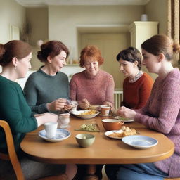 A high-quality, live-action photo capturing a scene from a comedy drama about working-class women in the UK