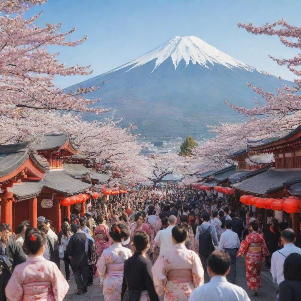 A cultural festival scene in Japan with people wearing traditional kimonos, bustling food stalls showcasing local cuisine, red torii gates, and cherry blossom trees in full bloom against a Mount Fuji backdrop.