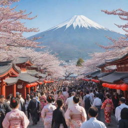 A cultural festival scene in Japan with people wearing traditional kimonos, bustling food stalls showcasing local cuisine, red torii gates, and cherry blossom trees in full bloom against a Mount Fuji backdrop.