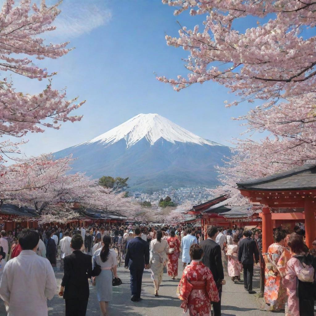 A cultural festival scene in Japan with people wearing traditional kimonos, bustling food stalls showcasing local cuisine, red torii gates, and cherry blossom trees in full bloom against a Mount Fuji backdrop.