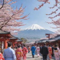 A cultural festival scene in Japan with people wearing traditional kimonos, bustling food stalls showcasing local cuisine, red torii gates, and cherry blossom trees in full bloom against a Mount Fuji backdrop.