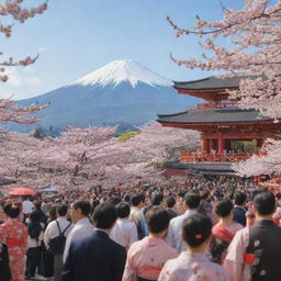 A cultural festival scene in Japan with people wearing traditional kimonos, bustling food stalls showcasing local cuisine, red torii gates, and cherry blossom trees in full bloom against a Mount Fuji backdrop.