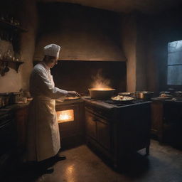 A transparent, spectral chef ghost skillfully preparing a dish with an antique oven in a dimly lit, eerie kitchen.