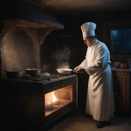 A transparent, spectral chef ghost skillfully preparing a dish with an antique oven in a dimly lit, eerie kitchen.