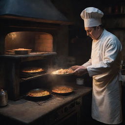 A transparent, spectral chef ghost skillfully preparing a dish with an antique oven in a dimly lit, eerie kitchen.