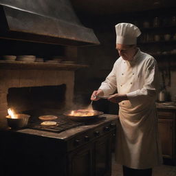 A transparent, spectral chef ghost skillfully preparing a dish with an antique oven in a dimly lit, eerie kitchen.