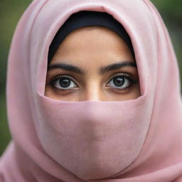 A portrait of a Hijabi girl with large, striking black eyes radiating innocence and strength.