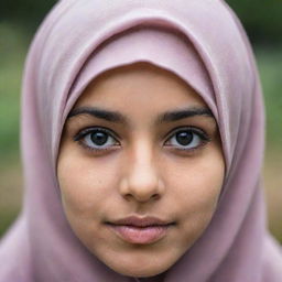 A portrait of a Hijabi girl with large, striking black eyes radiating innocence and strength.