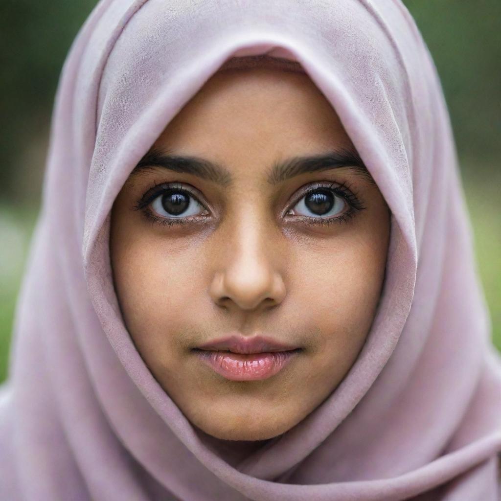 A portrait of a Hijabi girl with large, striking black eyes radiating innocence and strength.