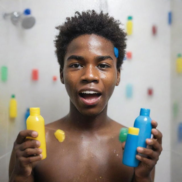 A 16-year-old African-American boy engaging in a spirited debate with 12 different colored shampoo bottles in a shower. The colors are black, blue, red, yellow, white, gray, green, yellow-black, black-red, dark blue, dark yellow, and yellow-light blue.