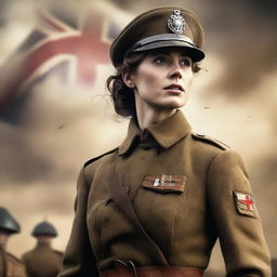 A high-quality, live-action film poster portraying a female soldier in WW1, standing majestically like Britannia on a battlefield