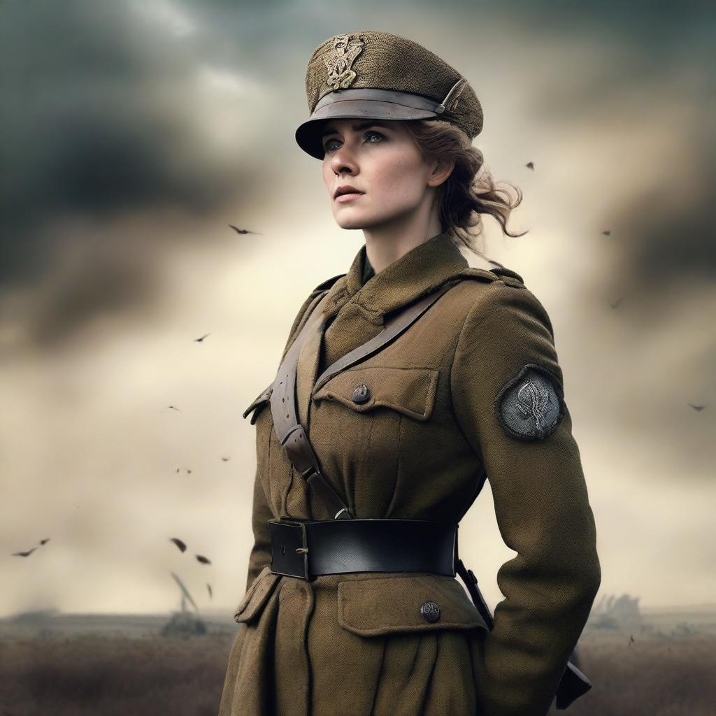 A high-quality, live-action film poster portraying a female soldier in WW1, standing majestically like Britannia on a battlefield