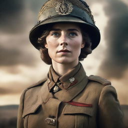 A high-quality, live-action film poster portraying a female soldier in WW1, standing majestically like Britannia on a battlefield